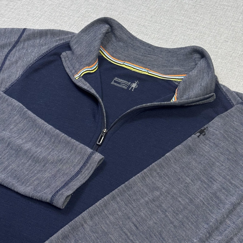 SmartWool Merino Wool 1/4 Zip Sweater Pullover Mens L Blue Mock Neck Layer